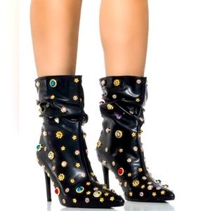 AZALEA WANG Black Leather Gemstones Embellished Slouchy Booties